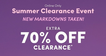 Promotional banner with a purple gradient background. At the top, small white text reads 'Online Only.' Below, pink bold text reads 'Summer Clearance Event' followed by italic pink text reading 'New Markdowns Taken!' Large white bold text reads 'EXTRA' and below it very large white bold text reads '70% OFF' followed by smaller white text reading 'CLEARANCE' with an asterisk.