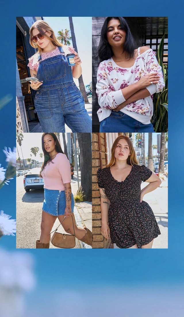 Four-photo grid of close-up street-style shots against Los Angeles backdrops. Top left, a woman with light brown hair and sunglasses holds a coffee cup and phone, wearing a pink floral top under blue denim overalls. Top right, a woman with dark hair smiles with arms crossed, wearing a white floral cold-shoulder sweatshirt over denim jeans. Bottom left, a woman with long dark hair carries a brown shoulder bag while wearing a pink henley top with a denim button-front mini skirt and brown suede boots. Bottom right, a woman with reddish brown hair leans against a brick wall wearing a black floral mini dress with puff sleeves and a ruffled neckline.