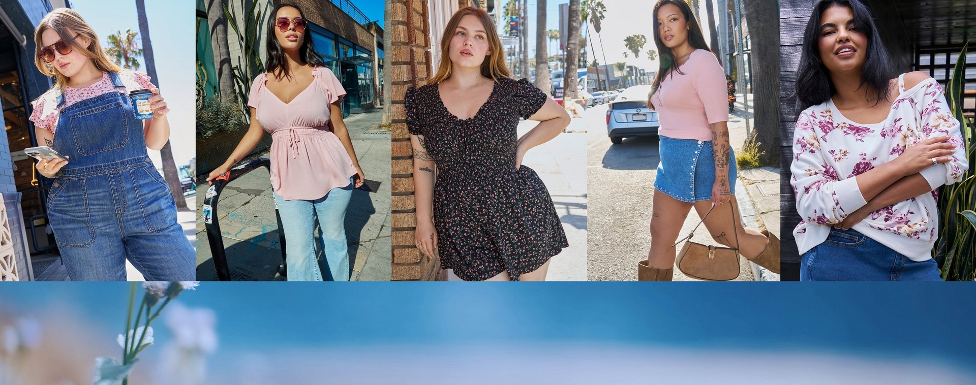 Wide banner featuring five street-style photos of women in Los Angeles against palm tree and storefront backgrounds. In the first photo, a woman with light brown hair and sunglasses holds a coffee cup and phone, wearing a pink floral top under blue denim overalls. In the second photo, a woman with dark wavy hair and sunglasses stands next to a scooter wearing a pink ruffled peplum top with flared light wash jeans. In the third photo, a woman with reddish brown hair leans against a brick wall wearing a black floral mini dress with puff sleeves and a ruffled neckline. In the fourth photo, a woman with long dark hair walks while carrying a brown shoulder bag, wearing a pink henley top with a denim button-front mini skirt and brown suede boots. In the fifth photo, a woman with dark hair smiles with arms crossed, wearing a white floral cold-shoulder sweatshirt with denim jeans.