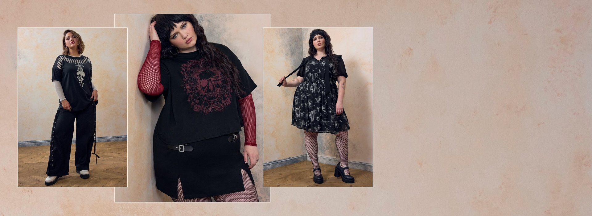 Wide composite banner with three fashion photos against a mottled beige and terracotta textured wall background, and wide empty space on the right side. In the first photo, a woman with light brown hair stands on a herringbone wood floor wearing a black t-shirt with cut slash detailing at the shoulders and a graphic print, layered over a white long sleeve top, paired with black wide leg pants featuring lace-up side detailing and white platform boots. In the center photo, a woman with dark wavy hair and bangs poses leaning against a wall with one hand in her hair, wearing red fishnet sleeves under a black cropped t-shirt with a red skull and floral graphic print, paired with a black mini skirt featuring multiple buckle straps and a front slit, and fishnet tights, with hoop earrings. In the third photo, a woman with dark hair and bangs stands holding a black strap, wearing a black long sleeve babydoll dress with a tie neck and an allover white graphic print, paired with fishnet tights and black platform mary jane shoes, with a visible tattoo on her arm.