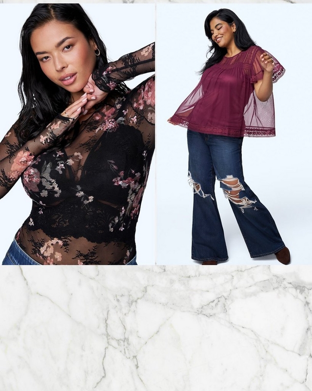 Split image with two fashion photos on top and a marble textured background below. On the left, a close-up photo shows a woman with long dark hair posing with her hand near her face, wearing a sheer black mesh top with a floral lace print, layered over a black bra. On the right, a woman with dark hair stands wearing a burgundy sheer mesh top with bell sleeves and embroidered trim, paired with dark wash distressed flare jeans featuring floral embroidery and brown ankle boots. Below both photos is a white and gray marble textured background.