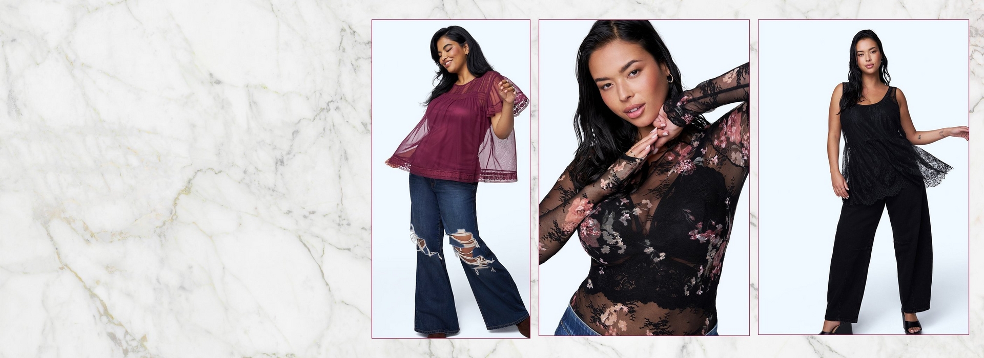 Wide banner with a white marble textured background on the left and three fashion photos on the right. The photos show, from left to right: a woman with dark hair wearing a burgundy sheer mesh top with bell sleeves paired with dark wash flare jeans; a close-up of a woman with dark hair wearing a sheer black mesh top with a floral lace print; and a woman with dark hair wearing a black sleeveless top paired with black wide leg pants.