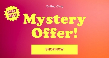 Promotional banner with a gradient background transitioning from magenta on the left to orange on the right. On the top left is a yellow starburst badge with red bold text reading 'TODAY ONLY!' Small white text at the top reads 'Online Only.' Large yellow bold text reads 'Mystery Offer!' Below is a yellow rounded rectangle button containing magenta bold text that reads 'SHOP NOW.'
