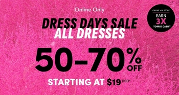 Promotional banner with a bright pink textured background resembling crumpled fabric or foil. Small white text at the top reads 'Online Only.' In the top right corner, small white text reads 'TORRID + LOYALIST EARN 3X TORRID CASH.' Below, white bold text reads 'DRESS DAYS SALE' followed by 'ALL DRESSES.' Large white bold text reads '50-70% OFF' followed by white bold text reading 'STARTING AT $19.90.'
