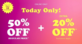 Promotional banner with a magenta to purple gradient background. In the top left corner is a yellow starburst badge with pink text reading 'Earn 3X Torrid Card.' Small white text at the top center reads 'Online Only.' Large yellow bold text reads 'Today Only!' Below, large white bold text reads '50% OFF' followed by smaller white text reading 'REGULAR PRICE,' next to a plus sign, then white text reading 'EXTRA' with large yellow bold text reading '20% OFF' and smaller white text reading 'Exclusions Apply.'