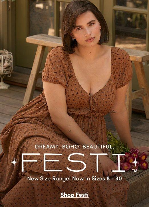 Banner ad for the Festi collection. A woman with short brown hair sits on a wooden bench on an outdoor porch, wearing a brown star-print maxi dress with puff sleeves and a tie front, with flowers beside her. Text reads: Dreamy. Boho. Beautiful. Festi, New Size Range! Now In Sizes 8 to 30, Shop Festi.