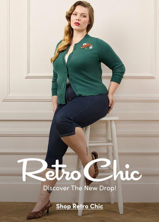 Banner ad for the Retro Chic collection. A woman with wavy blonde hair sits on a white stool against a paneled wall, wearing a green cardigan with a fox embroidered patch, dark cropped jeans, and leopard print heels. Text reads: Retro Chic, Discover The New Drop! Shop Retro Chic.