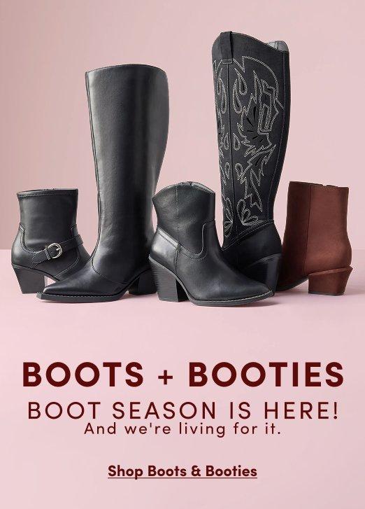 "Banner ad for boots and booties collection on a pink background, showing four styles: a black moto ankle bootie, a tall black leather boot, a black western-style boot, a tall black western boot with embroidered stitching, and a brown ankle bootie. Text reads: Boots + Booties, Boot Season Is Here! And we\
