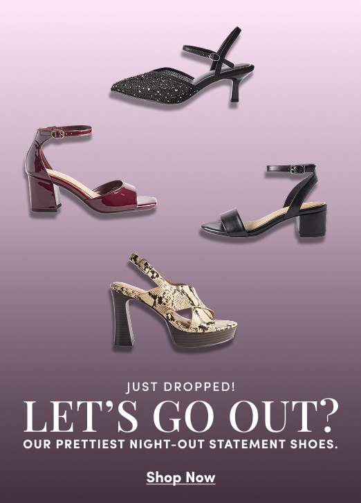 Banner ad for statement shoes on a purple gradient background, showing four styles: a black glittery pointed-toe slingback heel, a burgundy patent ankle-strap sandal, a black ankle-strap block heel sandal, and a snake print platform sandal. Text reads: Just Dropped! Let's Go Out? Our Prettiest Night-Out Statement Shoes, Shop Now.