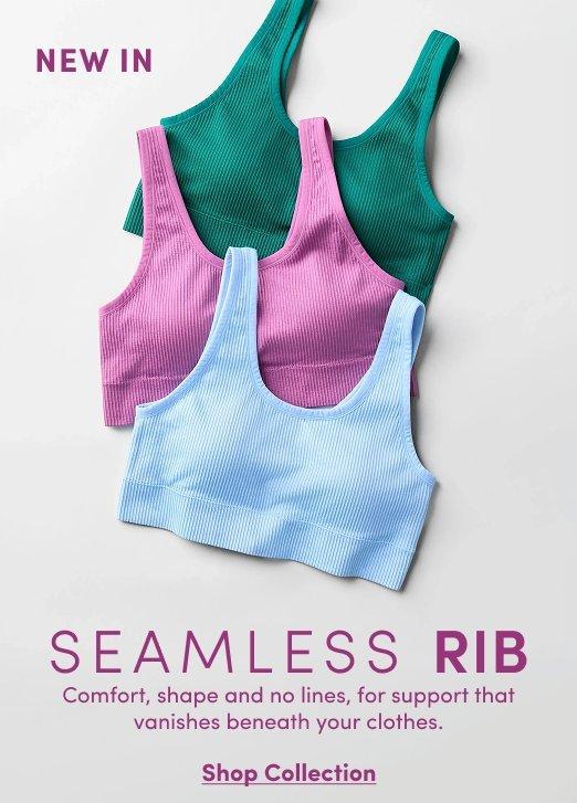 Banner ad for the Seamless Rib bra collection, showing three ribbed bralettes overlapping in green, purple, and light blue. Text reads: New In, Seamless Rib, Comfort, shape and no lines, for support that vanishes beneath your clothes, Shop Collection.