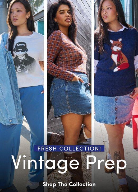 Banner ad for 'Vintage Prep' collection featuring three women in three separate outdoor photos. Left: woman in a graphic t-shirt, denim jacket, and blue trousers. Center: woman in a plaid long-sleeve top and denim mini skirt with tall brown boots. Right: woman in a fox-print sweater, collared shirt, and denim skirt with white socks and boots. Text reads: Fresh Collection! Vintage Prep, Shop The Collection.