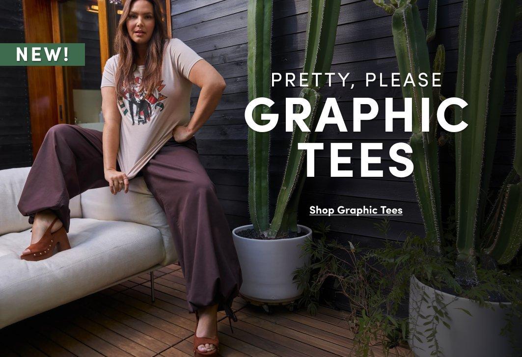 Banner ad for a graphic tee collection. A woman with long brown hair sits on a white couch on an outdoor patio, wearing a beige graphic t-shirt with a Southwest-style print, brown wide-leg pants, and brown heeled sandals. Text reads: New! Pretty, Please Graphic Tees, Shop Graphic Tees.