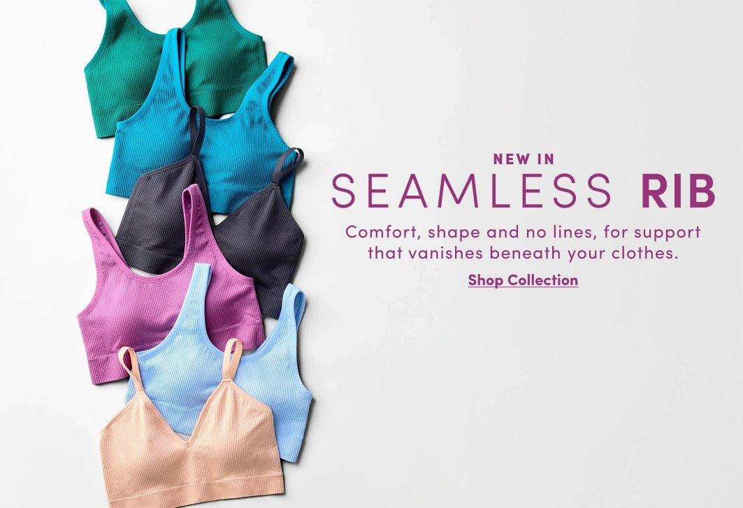 Banner ad for the Seamless Rib bra collection, showing six ribbed bralettes overlapping in green, teal, charcoal gray, purple, light blue, and beige. Text reads: New In, Seamless Rib, Comfort, shape and no lines, for support that vanishes beneath your clothes, Shop Collection.
