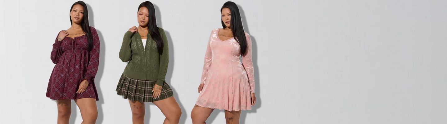 Wide promotional banner featuring two models in yellow floral outfits against a light grey background. Left model has long dark hair and visible arm tattoos wearing a yellow floral ruffle camisole top with gold necklaces. Right model has long braided hair wearing a matching yellow floral cropped crewneck sweatshirt and shorts, one arm raised.