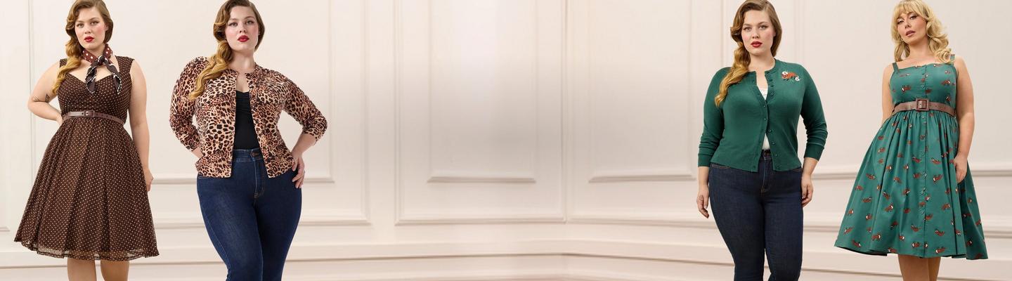 Wide promotional banner featuring two models with pin-up style wavy brown hair and red lipstick against a white paneled wall. Left model wears a red and white gingham fit-and-flare dress with ruffle shoulder straps and a sweetheart neckline. Right model wears a blue fit-and-flare dress with a hot air balloon print, sweetheart neckline, and a full pleated skirt.