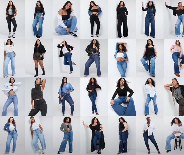Three women stand together against a white background, all wearing dark wash denim jeans and posing barefoot. The woman on the left wears a black blazer over a white top with her hand in her pocket. The woman in the middle wears a black tank top and has her hands raised playfully. The woman on the right wears a white button up shirt with distressed ripped jeans.