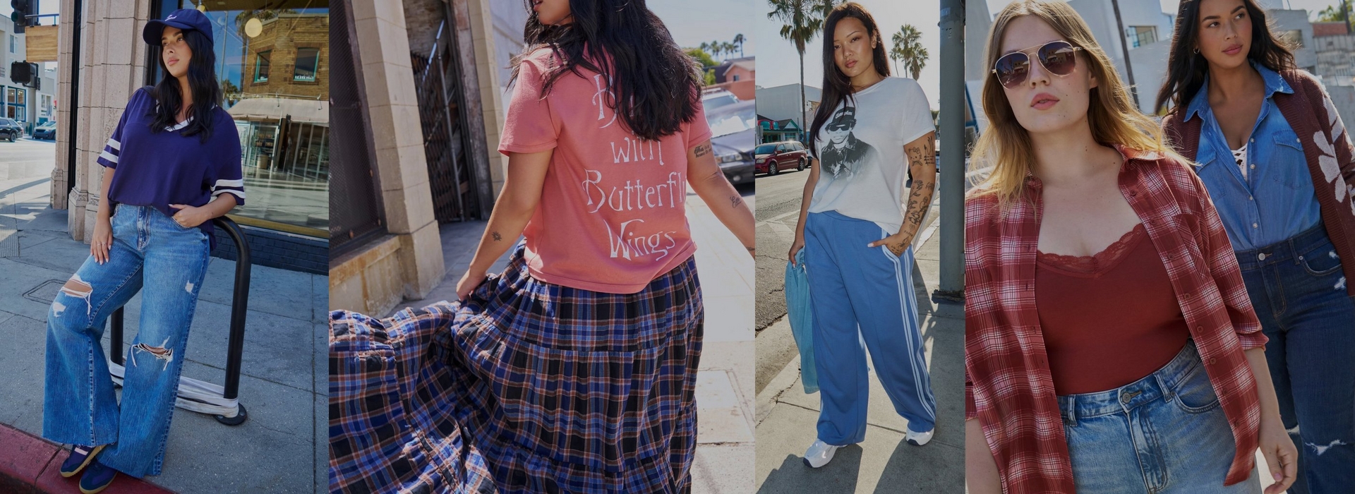 A collage of four outdoor lifestyle photos featuring women in casual denim and plaid outfits. In one panel a woman in a blue denim jacket and jeans sits on a ledge near a storefront. Another panel shows a close up from behind of a woman with dark wavy hair wearing a red and white patterned top. A third panel shows a woman in a rust colored top and jeans holding a plaid flannel shirt draped over her arm, walking outdoors. The fourth panel shows two women from behind walking together, one in a red plaid flannel shirt and the other in a denim jacket, both wearing jeans.