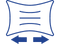 A line icon of a rectangle with concave curved sides forming a pinched shape, containing three horizontal wavy lines representing fabric texture. Below the shape are two solid blue arrows pointing left and right, indicating horizontal stretch. 