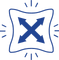 A line icon of a square with concave curved sides forming a pinched shape, with small diagonal lines at each corner suggesting tension or pull. In the center is a blue double headed arrow icon pointing diagonally in all four directions, indicating stretch in multiple directions. 