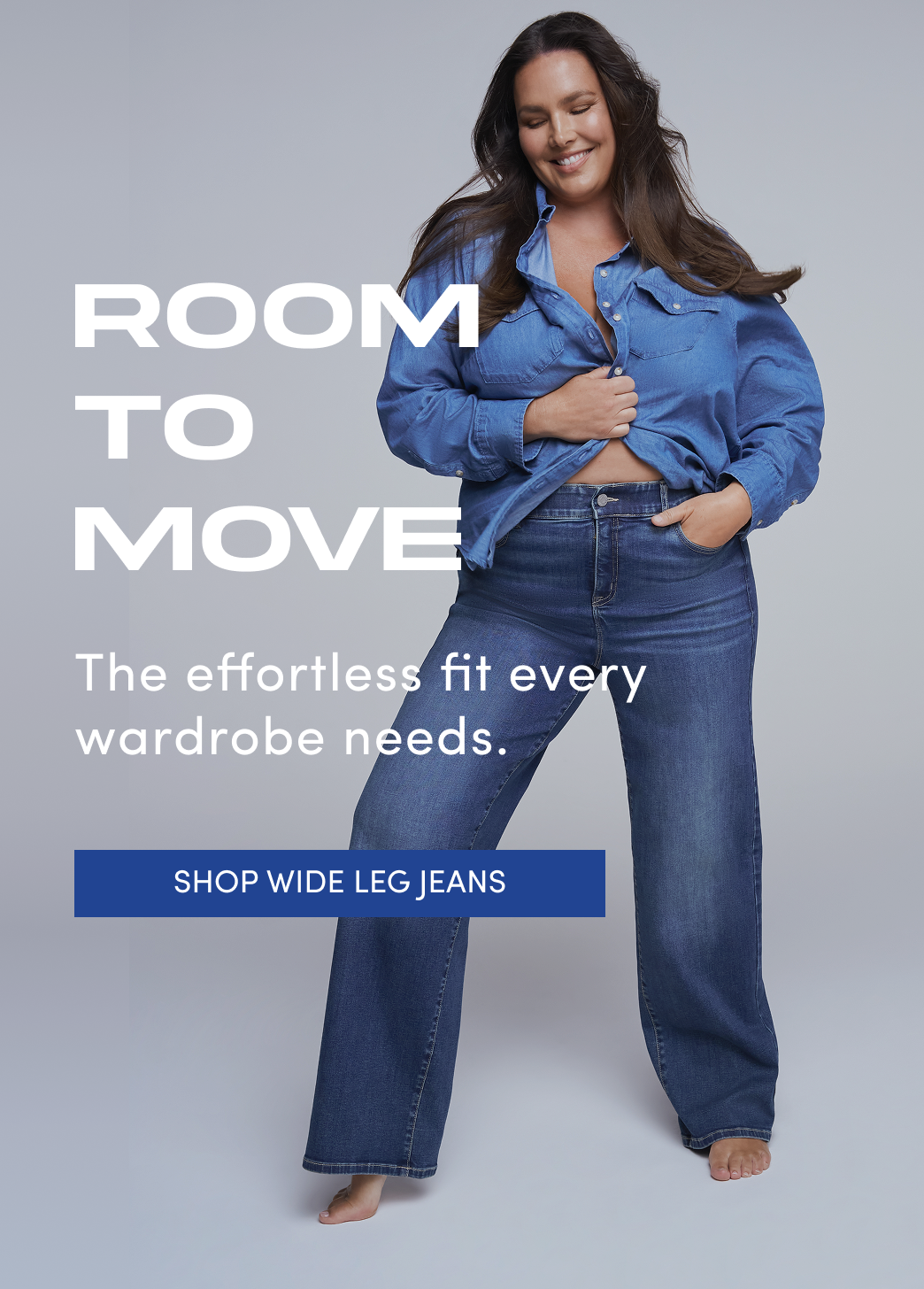 "Banner ad for wide leg jeans. A woman with long dark hair stands against a gray background, wearing an open denim shirt tied at the waist and dark wash wide-leg jeans. Text reads: Room To Move, The effortless fit every wardrobe needs, Shop Wide Leg Jeans."
