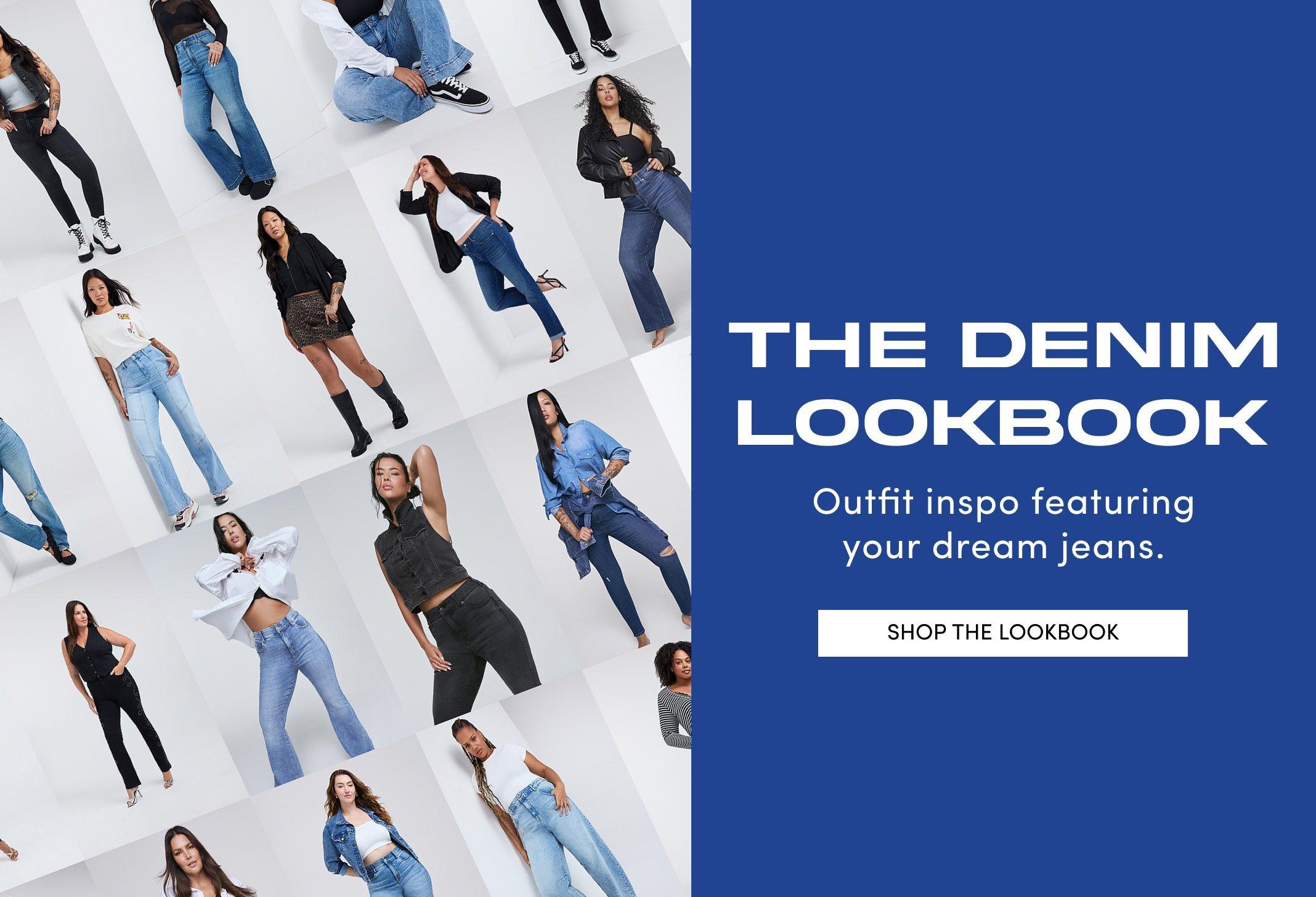 "Banner ad for the Denim Lookbook, showing a grid of multiple women in various denim outfits and poses against a white background, including jeans styled with tops, jackets, boots, and heels. Text reads: The Denim Lookbook, Outfit inspo featuring your dream jeans, Shop The Lookbook."