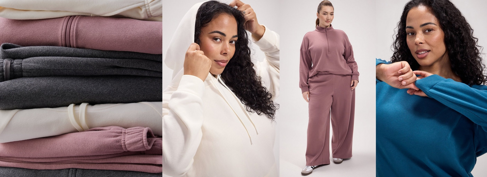 A four panel composite image. The first panel shows a close-up stack of folded fleece sweatshirts and joggers in cream, mauve pink, and heather gray, with visible zippers, ribbed cuffs, and a drawstring. The second panel shows a woman with curly dark hair and light brown skin wearing a cream colored hooded sweatshirt, pulling the hood up with one hand while resting her chin near her other fist. The third panel shows a woman with light skin and hair pulled back in a low ponytail, standing and wearing a mauve pink quarter zip sweatshirt and matching wide leg sweatpants with white sneakers. The fourth panel shows a close-up of two women with curly dark hair, one wearing a teal blue hoodie and the other in the background, with their hands touching near the sleeve. No visible text appears in the image.