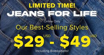 Yellow background at the top with bold black uppercase text reading 'LIMITED TIME!'. Below it, large dark navy uppercase text reads 'JEANS FOR LIFE' overlaid on a denim texture. Beneath that, small black text reads 'Online Only'. Below in navy script style text, it reads 'Our Best-Selling Styles'. The lower portion of the image continues the denim texture background, with large bold black text reading '$29 - $49' and smaller 'USD' labels on either side. At the bottom, black text reads 'Including Bombshells!'. No people appear in the image.