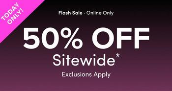 Dark purple gradient background with a pink triangular banner in the top left corner containing white text reading 'TODAY ONLY!'. In the upper portion of the image, small white text reads 'Flash Sale - Online Only'. Below that, large bold white text reads '50% OFF' followed by 'Sitewide' with an asterisk. At the bottom, smaller white text reads 'Exclusions Apply'. No people or additional graphics appear in the image.