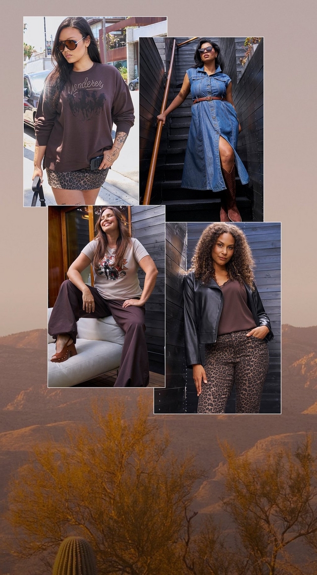 A four panel collage of women's outfits set against a brown desert mountain background. In the top left, a woman with long dark hair and sunglasses stands on a city sidewalk wearing an oversized brown graphic sweatshirt reading 'Wanderer' with running horses, a leopard print mini skirt, and carries a black bag, with visible arm tattoos. In the top right, a woman with dark hair and sunglasses poses on a dark wooden staircase wearing a belted denim shirt dress with a thigh slit and brown suede boots. In the bottom left, a smiling woman with long brown hair sits on a white bench wearing a cream graphic t-shirt with a western design, brown wide leg pants, and brown clog sandals, in front of a dark wood paneled building with a potted cactus. In the bottom right, a woman with curly hair stands against a dark wood wall wearing a black faux leather jacket over a brown top and leopard print pants. No additional text appears in the image.