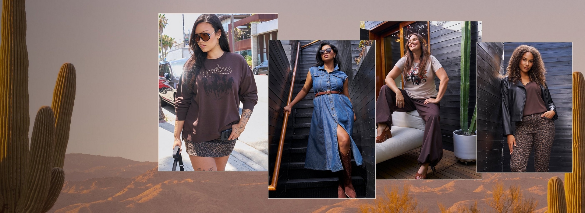A desert themed collage with a background photo of tall saguaro cacti against a brown mountainous landscape. Four framed photos of women are layered on top. In the first, a woman with long dark hair and sunglasses stands on a city sidewalk wearing an oversized brown graphic sweatshirt reading 'Wanderer' with running horses, a leopard print mini skirt, and carries a black bag, with visible arm tattoos. In the second, a woman with dark hair and sunglasses poses on a dark wooden staircase wearing a belted denim shirt dress with a thigh slit and brown suede boots. In the third, a smiling woman with long brown hair sits on a white bench wearing a cream graphic t-shirt with a western design, brown wide leg pants, and brown clog sandals, in front of a dark wood paneled building with a potted cactus. In the fourth, a woman with curly hair stands against a dark wood wall wearing a black faux leather jacket over a brown top and leopard print pants. No additional text appears in the image.