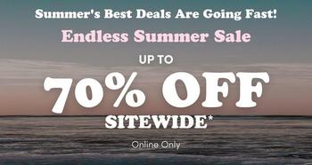 Background photo of a beach scene with calm water and a hazy horizon under an overcast sky. White text is overlaid across the top, reading 'Summer's Best Deals Are Going Fast!' followed by larger italicized text reading 'Endless Summer Sale'. Below that, smaller text reads 'UP TO' above large bold text reading '70% OFF' and 'SITEWIDE' with an asterisk. At the bottom, small white text reads 'Online Only'. No people appear in the image.