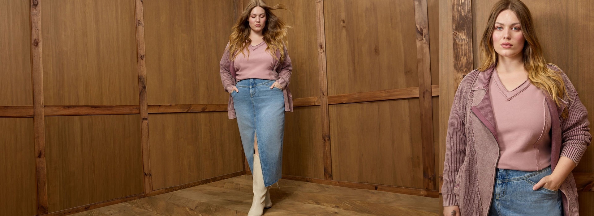 A two panel composite image showing a woman with long wavy blonde and brown ombre hair against a wood paneled wall in both. In the left panel, she stands with hair blown to the side, wearing an open mauve pink ribbed cardigan over a matching pink v-neck top, paired with a light wash denim midi skirt featuring a front slit, and cream colored cowboy boots. In the right panel, a close-up shows her wearing the same mauve pink cardigan and top with a glimpse of denim at the waist, one hand in her pocket. Both panels show a herringbone wood floor.