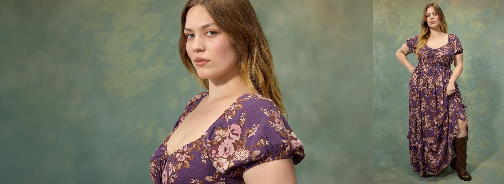 A two panel composite image with a mottled green and gold textured background in both. In the left panel, a close-up shows a woman with long wavy strawberry blonde hair wearing a purple floral maxi dress with a deep sweetheart neckline, puff sleeves, and a tie detail at the bust. In the right panel, the same woman stands with one hand on her hip, wearing the purple floral tiered maxi dress with a ruffled hem and side slit, paired with brown knee high boots, with a visible arm tattoo.