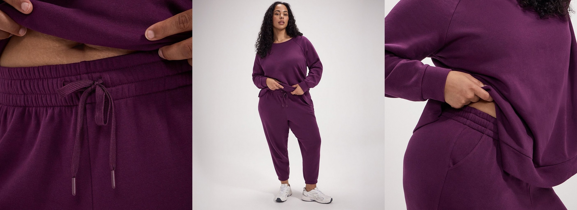 A three panel composite image. The left panel shows a close-up of a person's hand lifting a purple sweatshirt hem to reveal a ribbed elastic waistband with a drawstring on matching purple joggers. The center panel shows a woman with long curly dark hair standing and wearing a purple crewneck sweatshirt tucked slightly into matching purple jogger sweatpants with a drawstring waist, paired with white sneakers, against a plain light gray background. The right panel shows a close-up of a hand tucked into the pocket of the purple joggers, with the sweatshirt sleeve visible above.