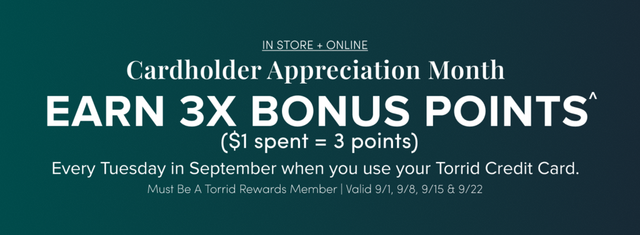 A wide promotional banner with a colorful background featuring blurred abstract shapes in red, pink, and green. Small white text at the top reads 'ONLINE + IN STORE.' A teal rectangular badge reads 'Valid 7/2 - 7/6' in white text. Large bold white text reads 'EXTRA 25% OFF***' followed by smaller white text reading 'When You Open And Use The Torrid Credit Card On Your First Purchase.'