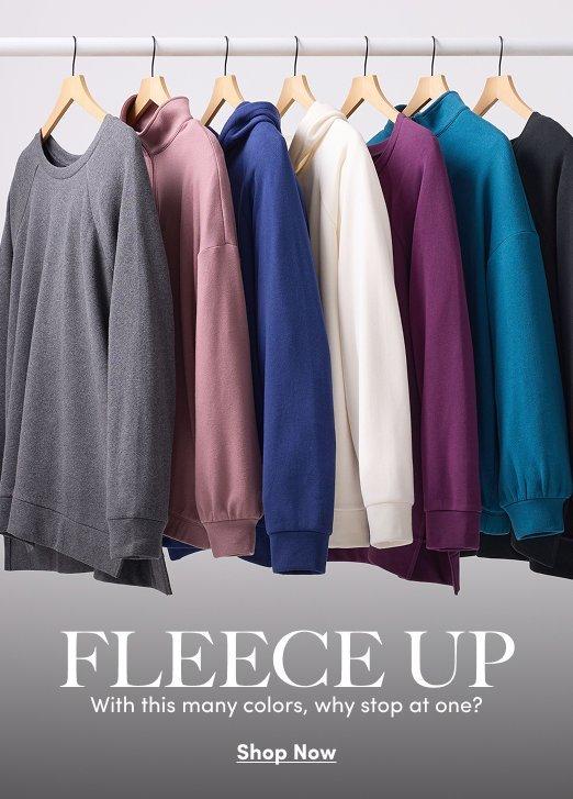 Seven fleece sweatshirts and hoodies in gray, pink, blue, ivory, purple, teal, and black.