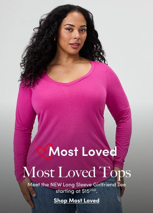 A model wears a pink long-sleeve Girlfriend Tee from the Most Loved Tops collection.