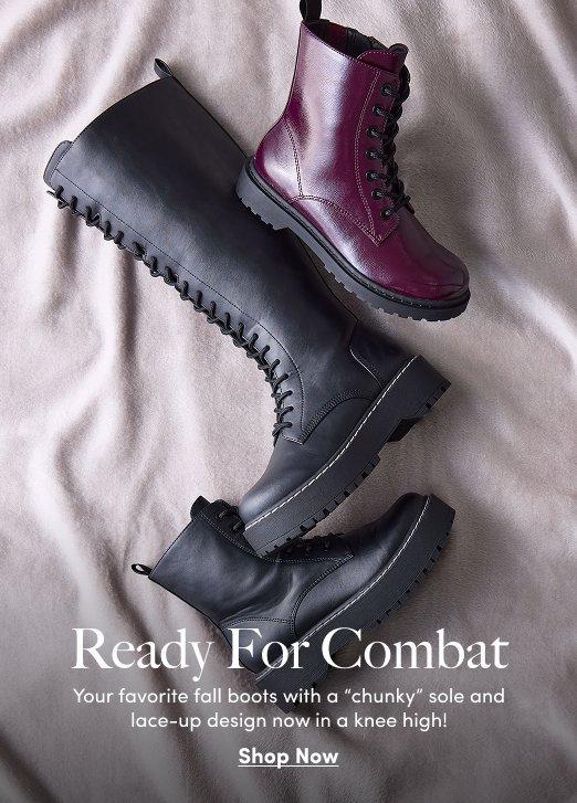 Three chunky lace-up combat boots in black and burgundy, including a knee-high style.