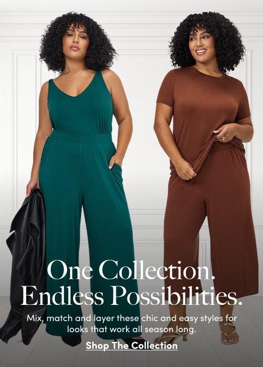 Super Soft collection featuring two models in teal and brown wide-leg jumpsuits.