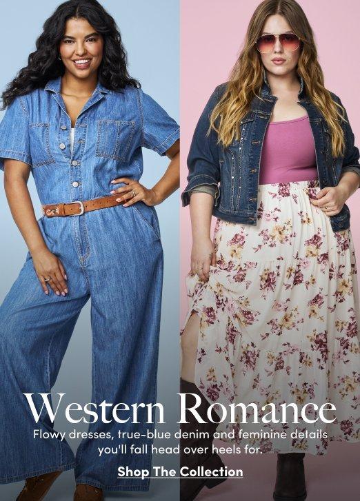 Western Romance collection featuring a denim jumpsuit and a denim jacket styled with a floral skirt.