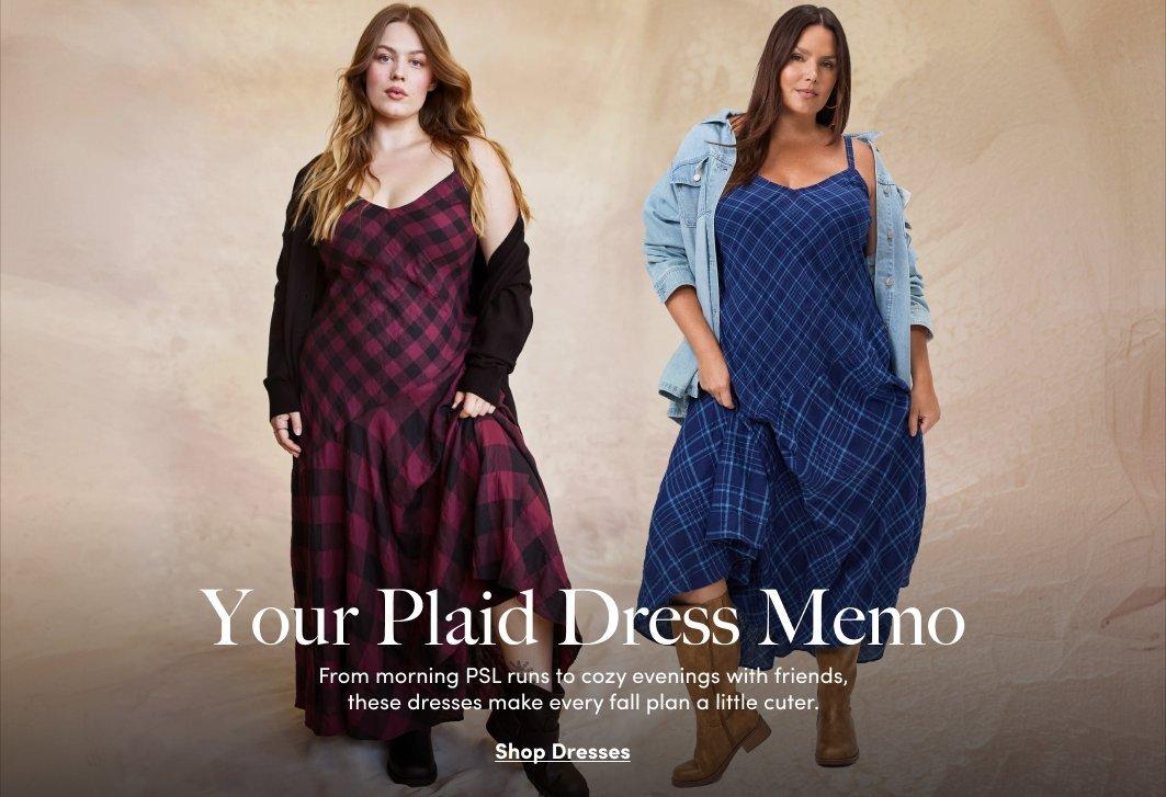 Two models wear burgundy and blue plaid fall dresses, styled with a cardigan and denim jacket.