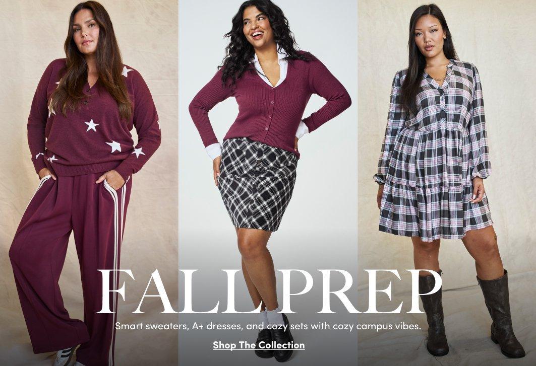 Fall Prep collection featuring three models in burgundy sweaters, plaid, and a fall dress.