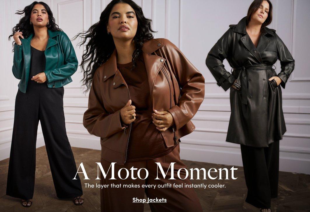 Three models wear teal, brown, and black faux-leather moto jackets and outerwear.