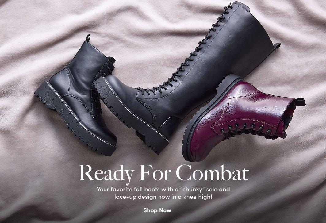 Three chunky lace-up combat boots in black and burgundy, including a knee-high style.