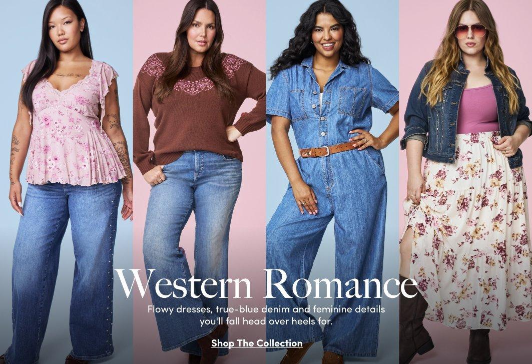 Western Romance collection featuring a denim jumpsuit and a denim jacket styled with a floral skirt.