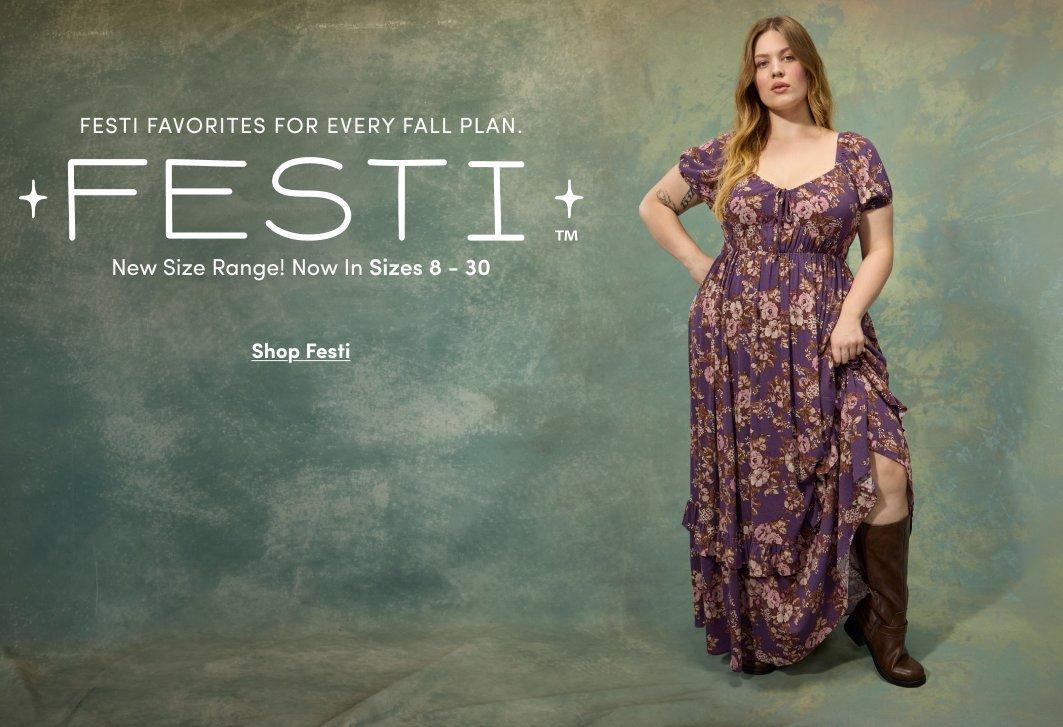 Festi collection featuring a model in a purple floral maxi dress and brown knee-high boots.