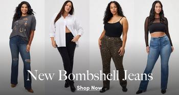 Four models wearing blue, black, and leopard-print Bombshell jeans. Text reads: “New Bombshell Jeans. Shop Now.