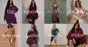 Eight models showcase Torrid collections: Tru, Nightfall, Festi, CURV, Belle Isle, Lovesick, Retro Chic, and The Studio Collection.