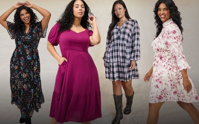 Four models wearing floral, magenta, plaid, and pink floral dresses.