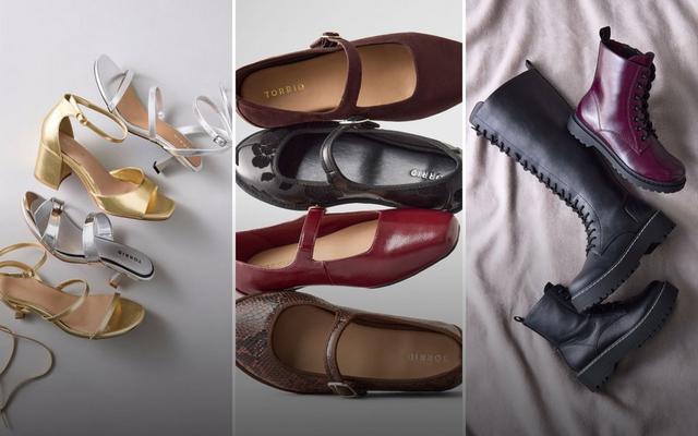 Gold and silver heels, Mary Jane flats, and black and burgundy boots arranged in three panels.